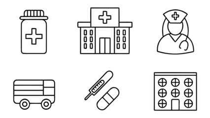 Set of six medical healthcare icons including medicine hospital pharmacy stethoscope and ambulance graphics transparent background