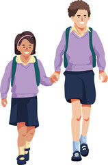 Obraz premium Brother and sister go hand in hand to school. Boy and girl schoolchildren in school uniform go to school. Vector illustration. Color illustration.