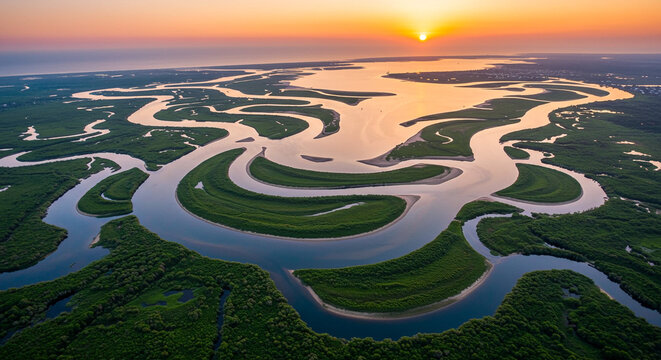 Breathtaking aerial view of winding river through lush green landscape at vibrant sunset hour - Powered by Adobe