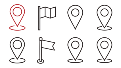 Location pin and flag icons set for gps navigation and mapping applications ui design transparent background