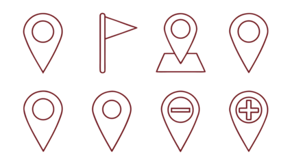 Collection of location pin icons including navigation flags gps markers and map symbols for travel and exploration transparent background