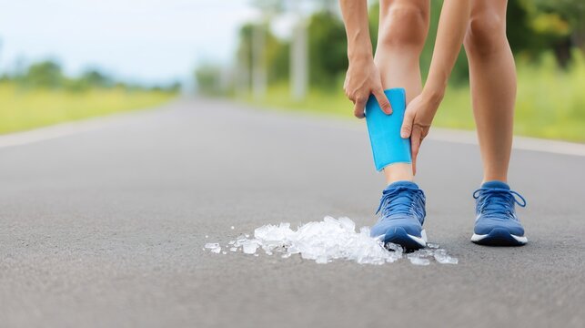 Runner applying ice pack shin after training realistic sports injury recovery process cooling therapy for shin splints fitness health concept