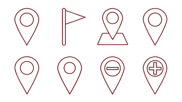 Collection of location pin icons including navigation flags gps markers and map symbols for travel and exploration transparent background