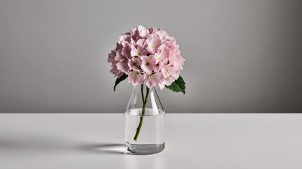 Fototapeta premium Single pink hydrangea flower in glass vase on gray background elegant minimal fresh floral decor 