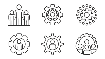 Business teamwork icons set featuring people gears and collaborative network concepts transparent background