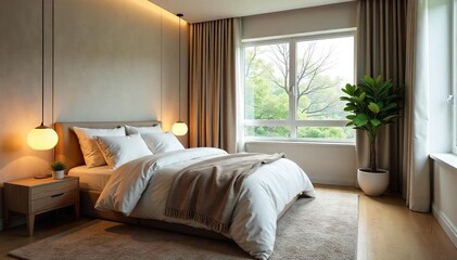 Serene bedroom interior, perfect for a restful night's sleep  Soft lighting, plush bedding, and calming decor create a tranquil atmosphere for ultimate relaxation ,  serene,  duvet