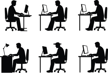 Silhouette people working at desks, computer users in office and home workspace, ergonomic posture, business professionals, CAD drawing flat vector illustration