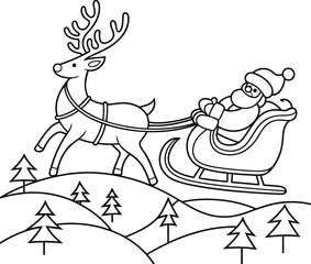 Santa Claus in His Sleigh Pulled by a Reindeer Over a Winter Landscape Illustration for Coloring Books or Christmas Designs featuring a charming seasonal scene