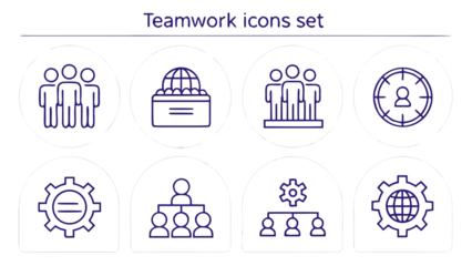 Business teamwork icons set featuring collaboration meeting strategy project management and people working together transparent background