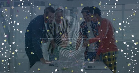 Animation of scope scanning and data processing over business people using phone headsets - Powered by Adobe