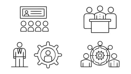 Modern business workshop line icons set representing teamwork strategy and corporate growth transparent background