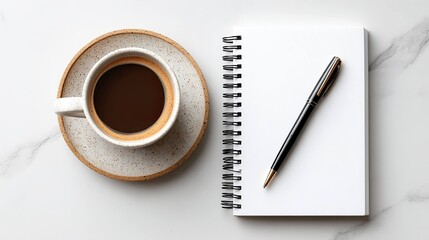 Coffee cup notebook pen on marble surface