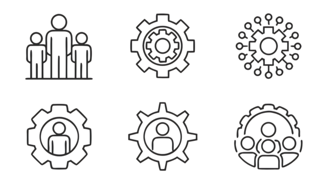 Business teamwork icons set featuring people gears and collaborative network concepts transparent background