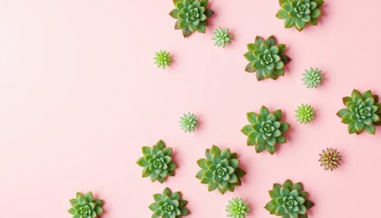 Minimalist arrangement featuring various succulent plants scattered across a soft pastel backdrop with room for custom message