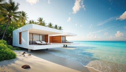 Fototapeta premium Dreamy oceanfront residence with private beach and turquoise water views under a clear sky surrounded by swaying palm trees and lush vegetation