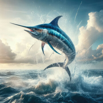 Vibrant Atlantic blue marlin leaps from waves under sunny sky with splashes. Perfect for sport fishing tees, souvenirs, highlighting marine sport and outdoor hobby