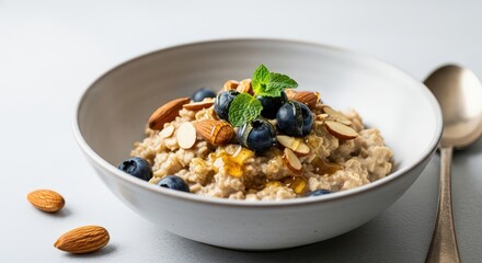3d icon of healthy oatmeal with blueberries, almonds, and honey in a bowl