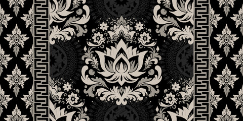 Ethnic oriental pattern traditional border.Saree Sarong Motifs African boho Ikat floral embroidery Seamless damask wallpaper pattern. Vintage background abstract design for texture, fabric, clothing