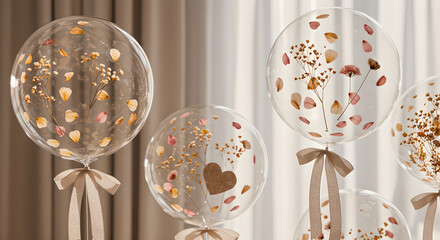 Elegant transparent balloons with dried flowers and petals for celebration