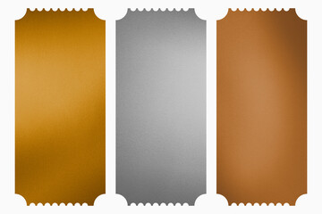 Aluminum, bronze and brass tickets isolated