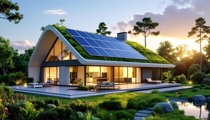 Futuristic smart home concept illustration with solar panels, renewable energy, and eco-friendly green roof showcasing modern sustainable housing.
