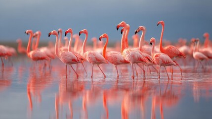 Pink flamingos in a shallow lagoon
