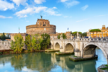 Castel Sant'Angelo and the Sant'Angelo bridge over Tiber river in Rome, Italy. Castle of Holy Angel (Castel Sant'Angelo) and St. Angel bridge (Ponte Sant'Angelo) in Rome, Italy.