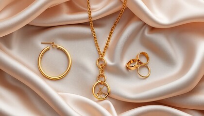 Golden jewelry set featuring a necklace, an earring, and rings displayed on a luxurious soft silk fabric