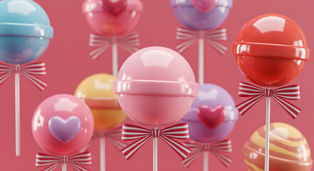 Assortment of Sweet Colorful Lollipops with Ribbons and Hearts