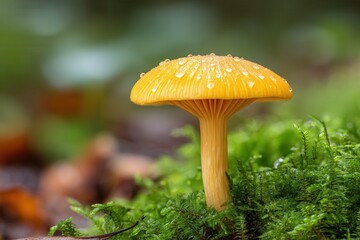 Fototapeta premium Vibrant yellow mushroom with dew in lush green forest.