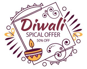 Naklejka premium Diwali Special Offer Banner with Decorative Elements and Fifty Percent Discount