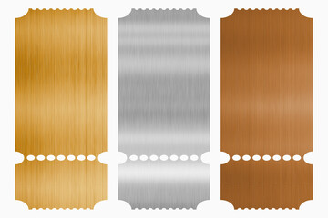 Gold, silver and bronze ticket and coupon template.Set of metallic mockups with golden, silver and bronze gradient. Metal textured vouchers set for sale,party,event.Vector illustration EPS 10