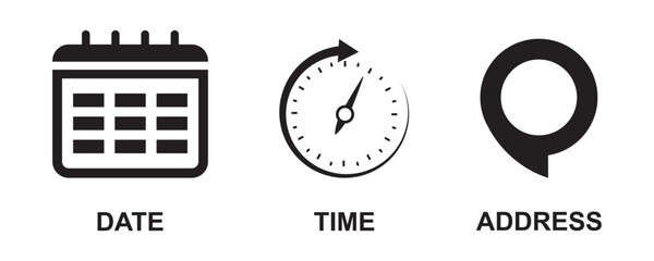Time, date and address line icons set. Editable stroke for mobile and web. Isolated on white background. Vector illustration.
