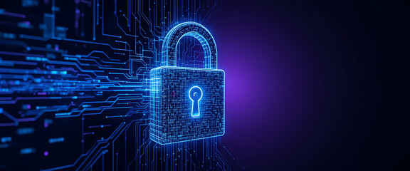 digital high intricate details lock with data lines going through the 4d metal lock's glass transparent wall back, dark purple gradient blue gradient blending particles background, negative space in t