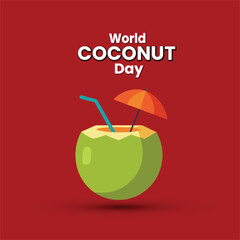 Tropical Coconut Water with Straw and Umbrella – World Coconut Day Vector