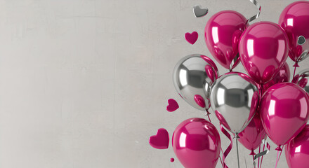 Shiny pink and silver party balloons with hearts on a textured background.