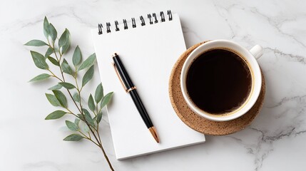 Coffee notepad pen eucalyptus leaves on marble