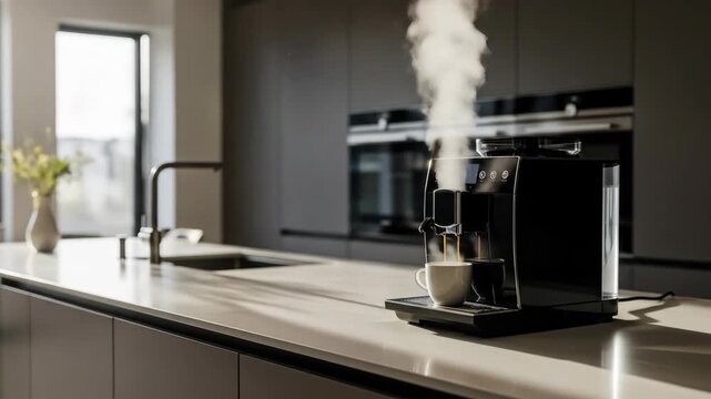 Modern kitchen with coffee maker steaming, automatic machine making coffee in bright home interior.