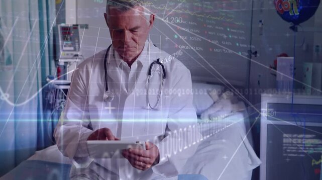 Animation of data processing over diverse male doctor and patient