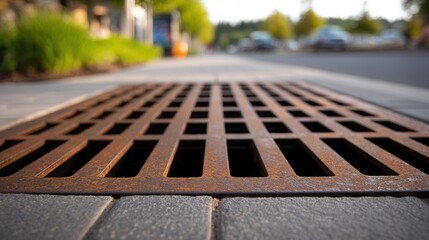 A close-up view of a rusty drain cover set in a modern urban sidewalk, surrounded by greenery and vehicles in the background, conveying a sense of city life.