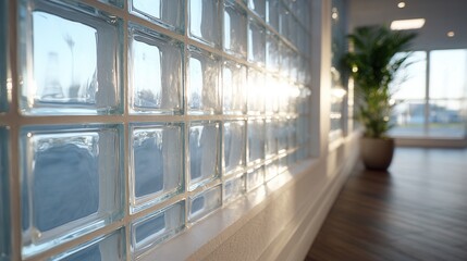 A contemporary interior featuring a glass block wall that reflects sunlight, creating a bright and airy atmosphere, ideal for modern design inspiration.