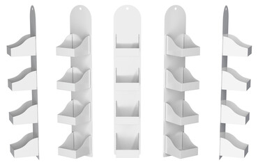 Hanging plastic retail display stand mockup. Store hanging merchandise stripe. Set of 3d illustrations transparent background