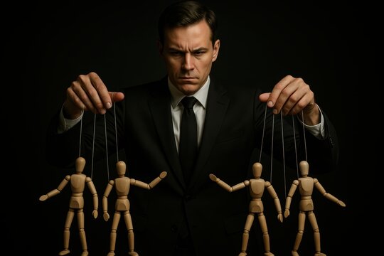 Puppet Master's Control: A man, in a well-tailored suit, holds the strings, orchestrating wooden puppets against a dramatic dark backdrop, conveying a sense of manipulation. 
