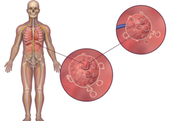 Illustration showing a human skeleton and internal organs with magnified views of cancerous tumors and cells.