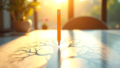 Creative Pencil Tree Shadow Hyper-Realistic Yellow Pencil Casting Dramatic Silhouette on Marble Desk