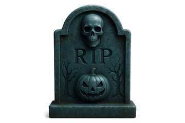 Spooky gravestone featuring a skull, rip inscription, and a carved pumpkin, ideal for halloween projects with its transparent background