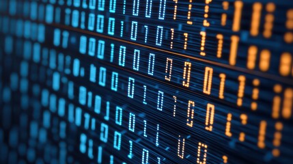 A close-up view of binary code displayed in blue and orange hues, symbolizing data processing and digital technology.