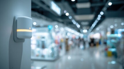 Medium shot of an energy efficiency sensor illuminated in focus with a softly blurred store interior showing lighting and HVAC systems.