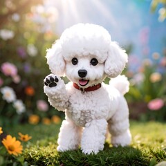 Adorable white poodle in garden