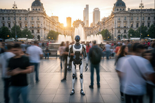 Humanoid robot standing in a crowded city plaza at sunset as people move around him
